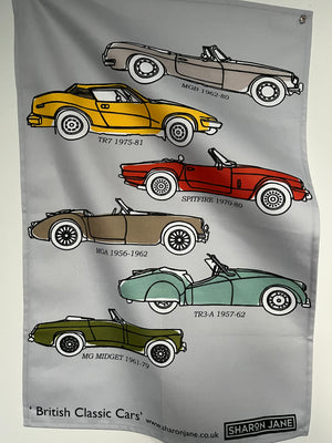‘British Classic Cars ‘Tea Towel - light grey